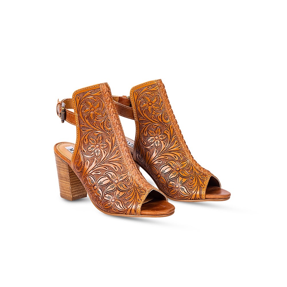 Myra Bag Tan Floral Embossed Heels